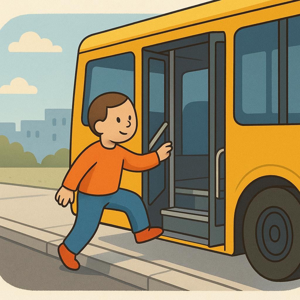 A simplified character stepping up onto the first step of a large, colorful city bus.