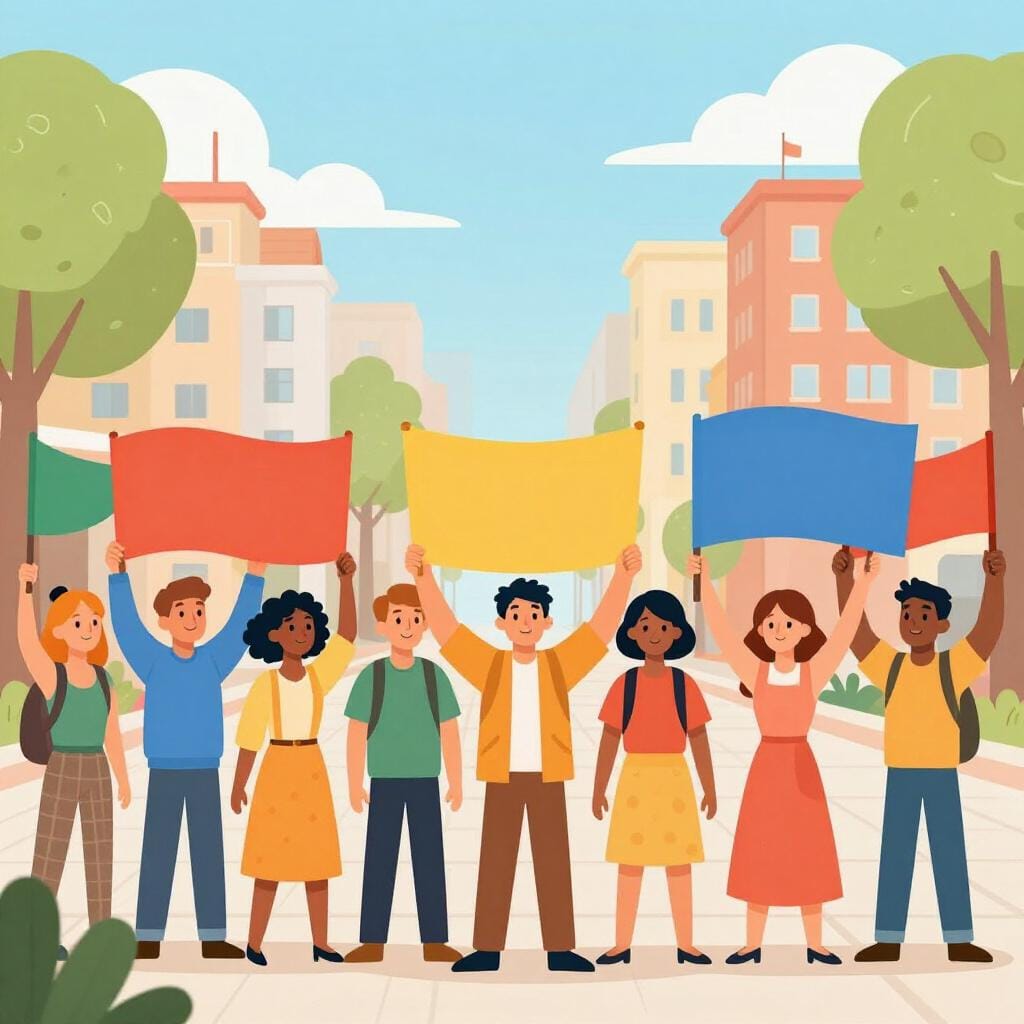 A large crowd of people gathered in a town square holding colorful flags and banners.