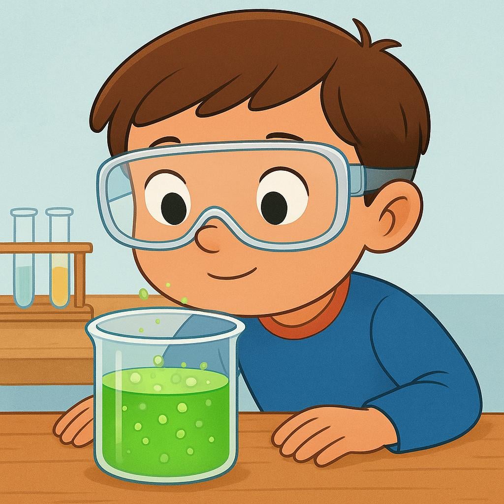 A scientist wearing safety goggles observes a bright blue liquid bubbling in a flask on a laboratory bench.