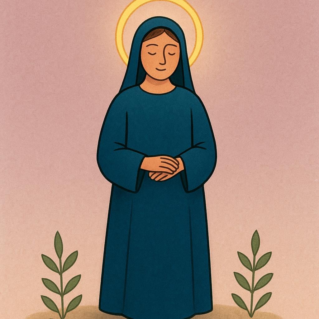 A peaceful, simply drawn figure wearing robes, standing calmly with a bright, glowing golden halo floating above their head.