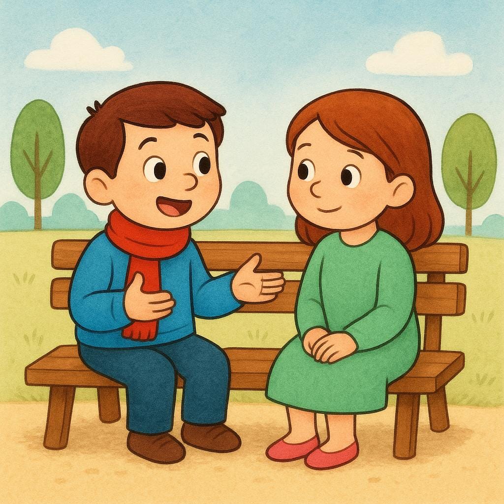 Duas figuras estilizadas sentadas de frente uma para a outra. Uma figura tem uma expressão animada e está gesticulando enquanto fala com a segunda figura, que está ouvindo atentamente.