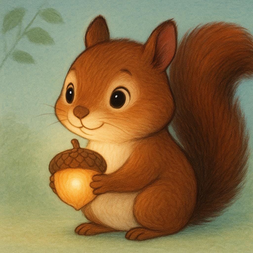A small, wide-eyed squirrel holding a simple acorn, but looking at the acorn with immense admiration as if it were a sparkling, glowing jewel.
