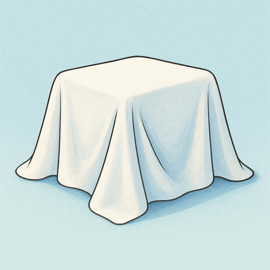 A simple red box completely concealed beneath a large, draped white cloth.