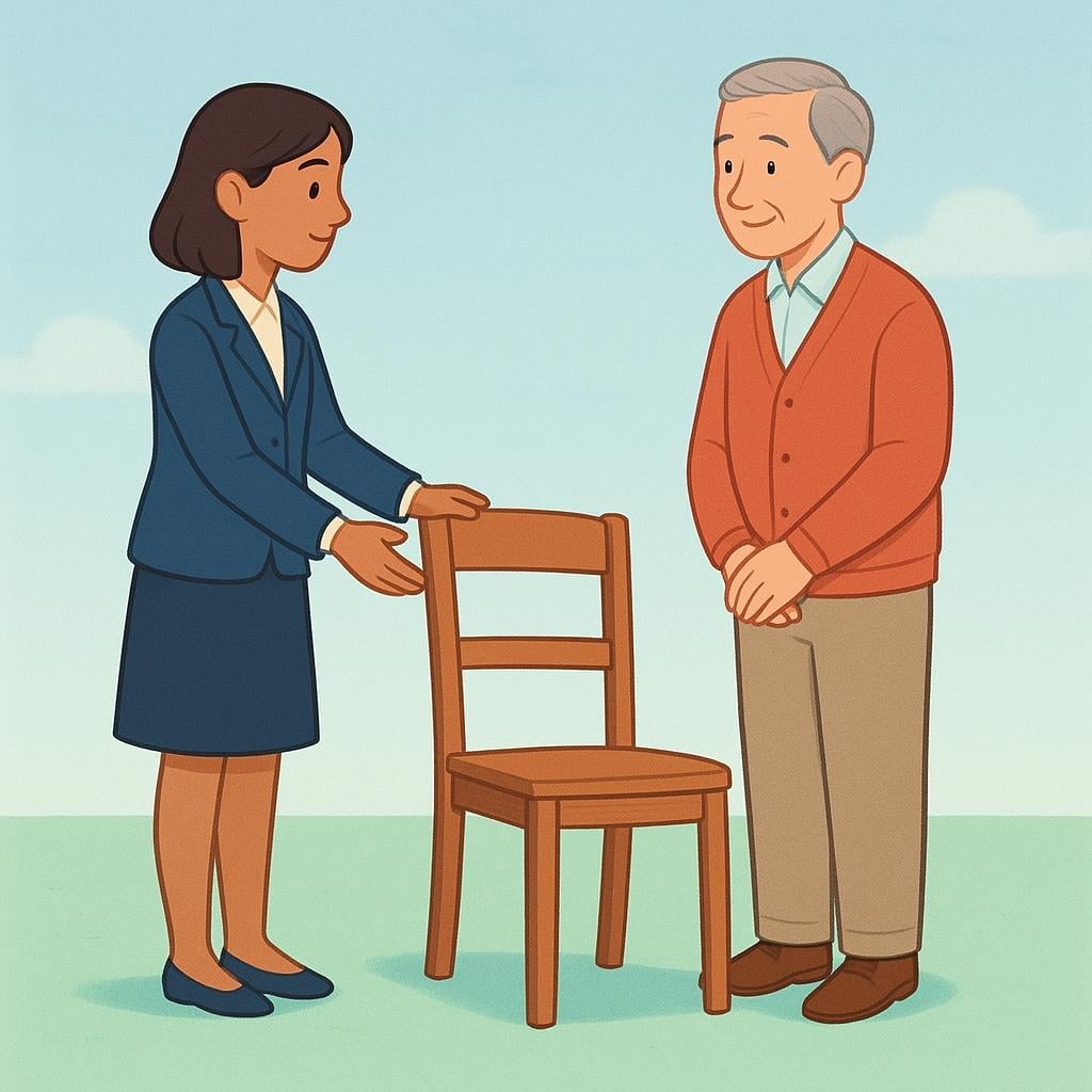 A young adult formally offering a comfortable seat to an elderly person, both figures maintaining respectful posture.