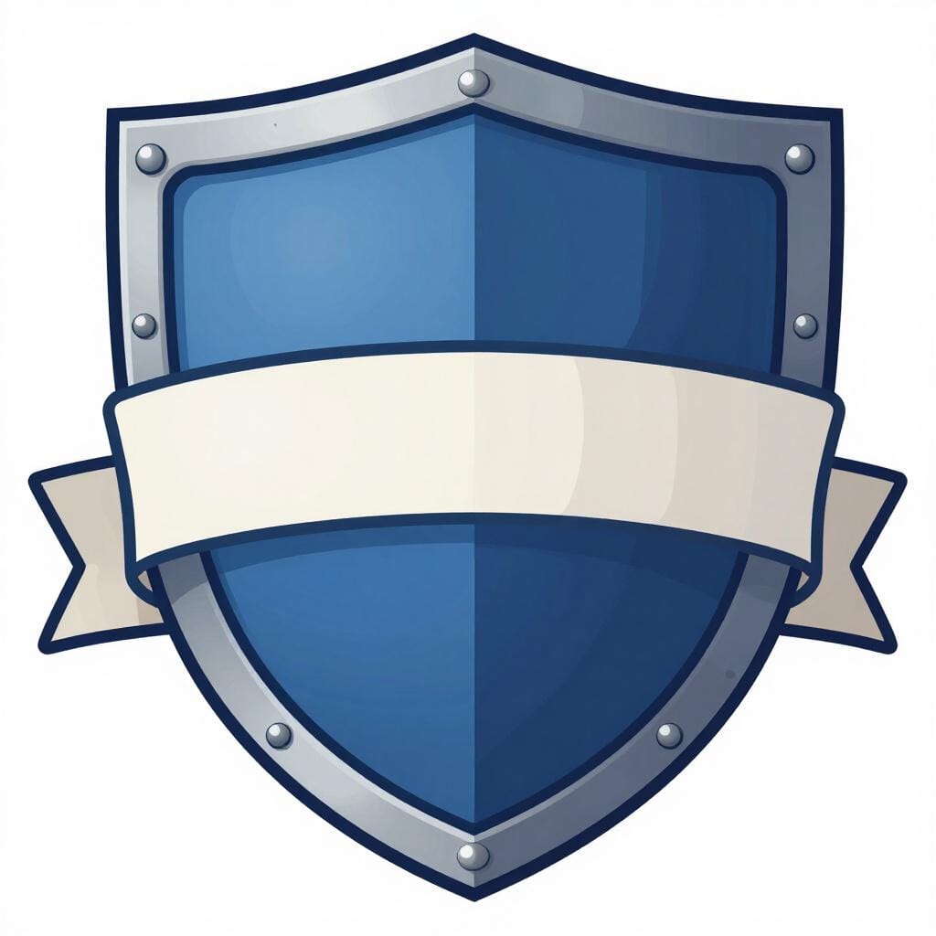 A colorful shield with a simple ribbon wrapped around it representing a family crest or motto.