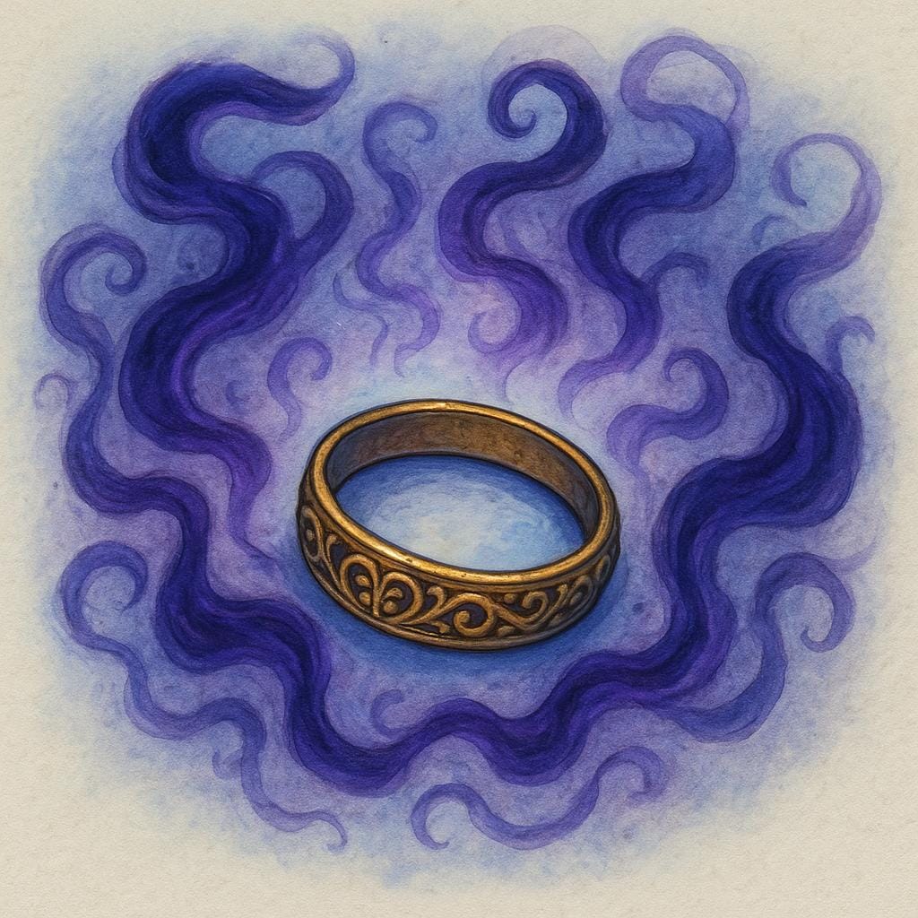 Une bague en or antique ornée, posée sur un piédestal, entourée de volutes d'énergie violette sombre et fantomatique, symbolisant une malédiction surnaturelle.