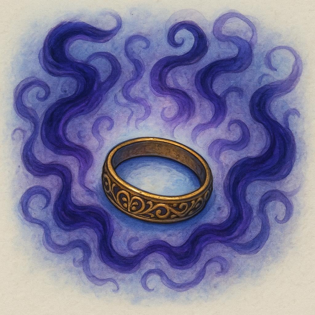 An ornate, antique gold ring sitting on a pedestal, surrounded by wisps of dark, ghostly purple energy, symbolizing a supernatural curse.