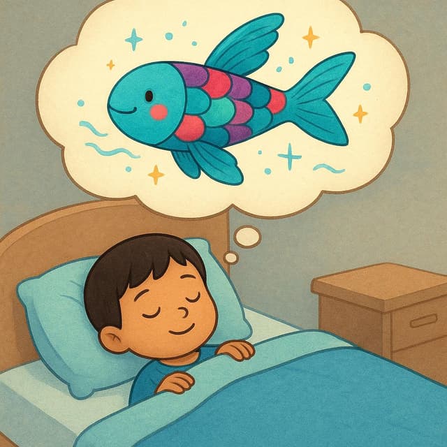 Ein schlafendes Kind liegt bequem im Bett. Über dem Kopf des Kindes zeigt eine große, durchscheinende Gedankenblase ein farbenfrohes, skurriles Bild eines fliegenden Fisches, der in der Luft schwimmt.