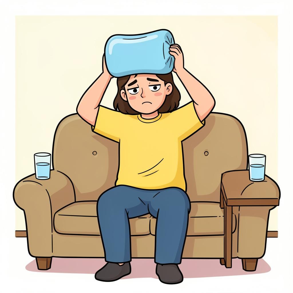 Een persoon die op een bank zit met een coldpack op zijn hoofd en een glas water in de buurt.