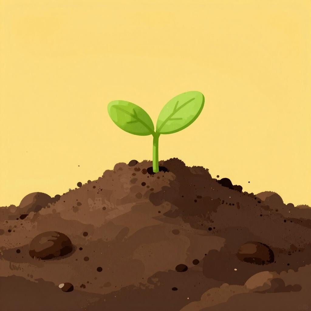 A single tiny green sprout growing out of a large pile of dry brown soil.