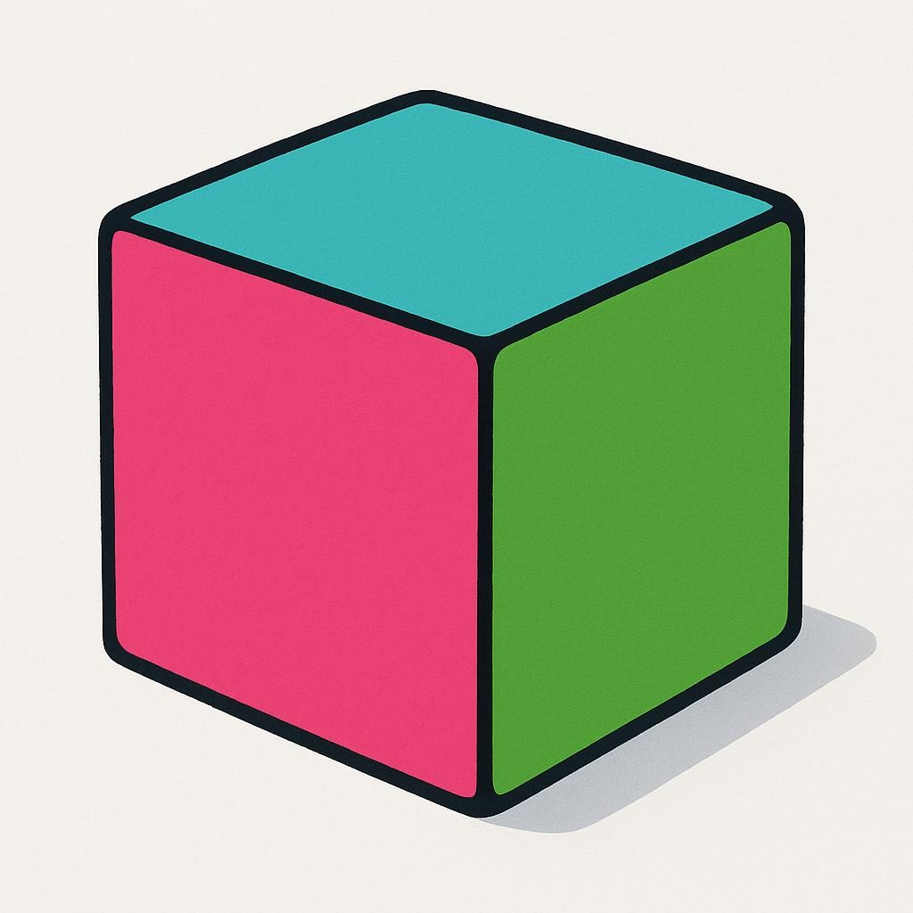 A simple storybook illustration of a large six-sided cube resting on a flat surface. Each visible face of the cube is painted a distinct, solid color.