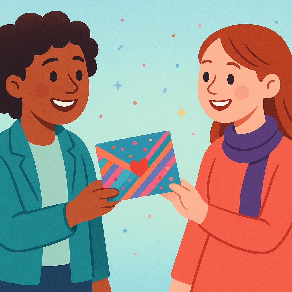 A colorful storybook illustration showing one person happily handing a bright, sealed invitation envelope to another person, symbolizing the act of inviting.