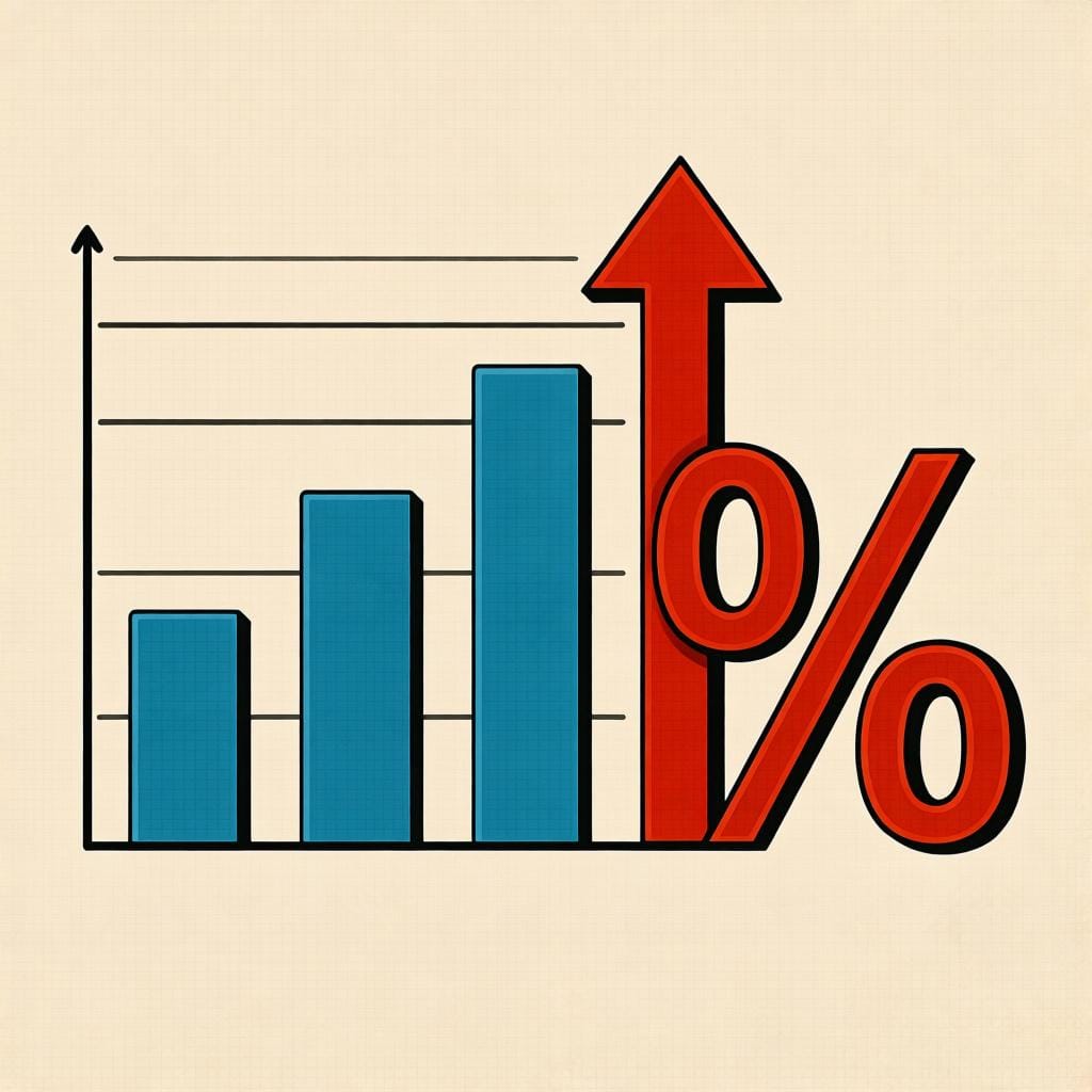 A simple bar chart showing a rising red arrow next to a percentage sign, indicating an increasing rate.