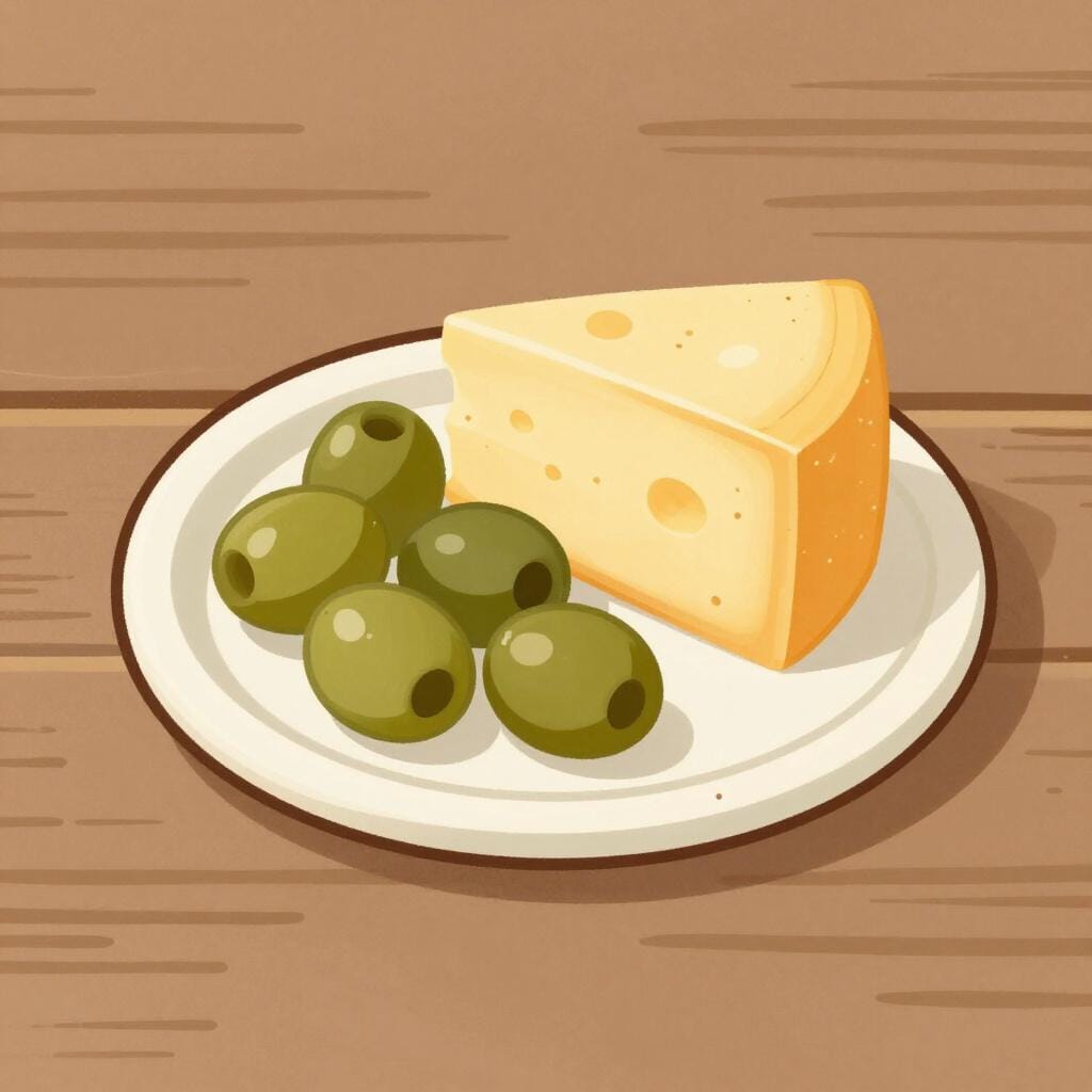 A small plate of olives and a wedge of cheese on a wooden table.