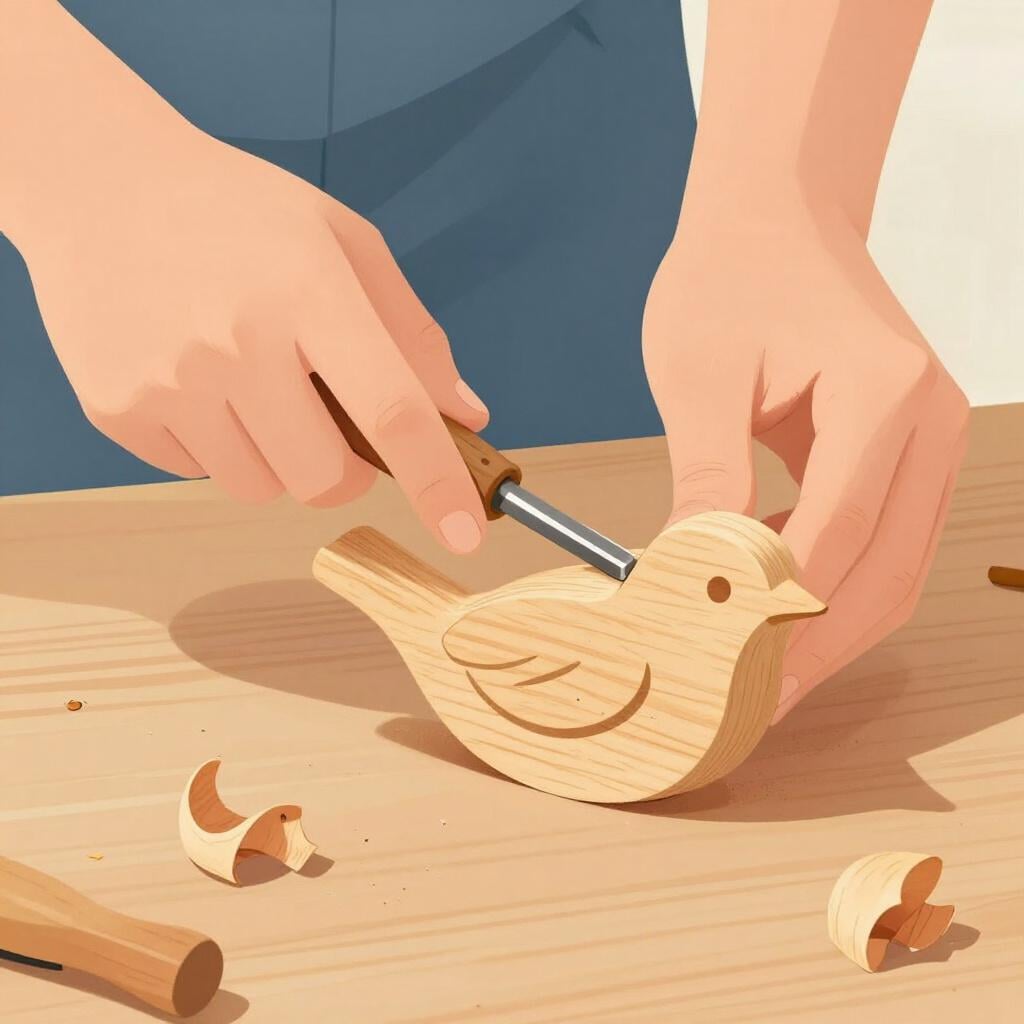 A wooden block being transformed into a small bird figurine by a sharp metal tool.