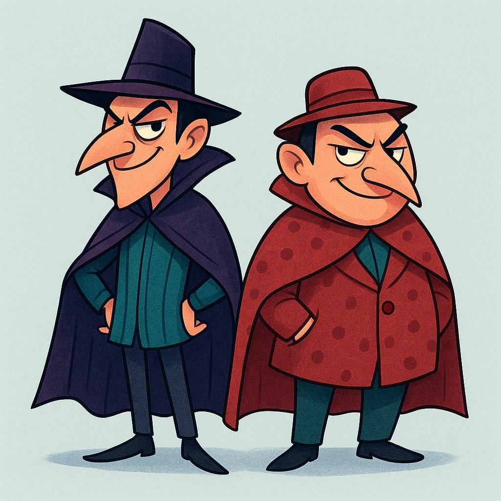 An illustration showing two cartoonish figures with sinister expressions, exaggerated pointed noses, and dark eyebrows, representing wickedness.