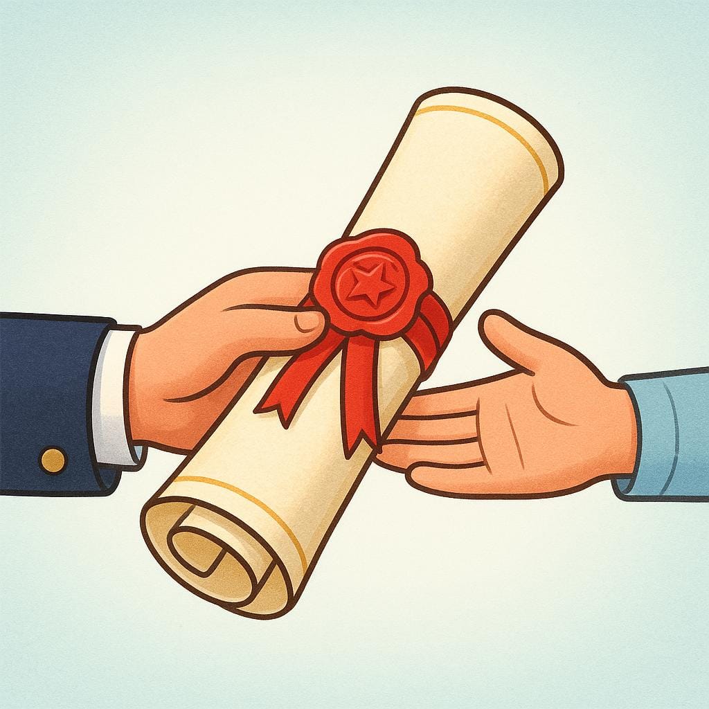 Two cartoon hands formally exchanging a large, sealed, official-looking paper scroll, symbolizing a financial document transfer.