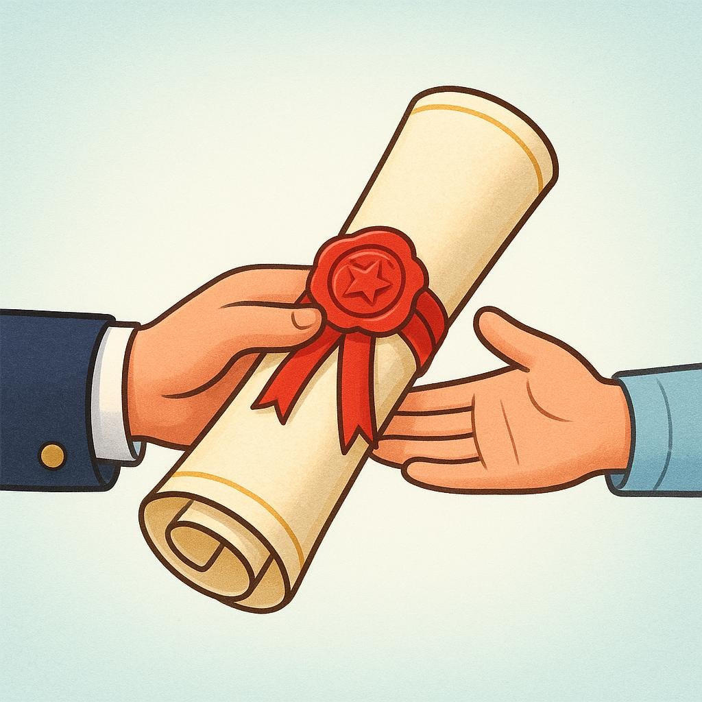 Two cartoon hands formally exchanging a large, sealed, official-looking paper scroll, symbolizing a financial document transfer.