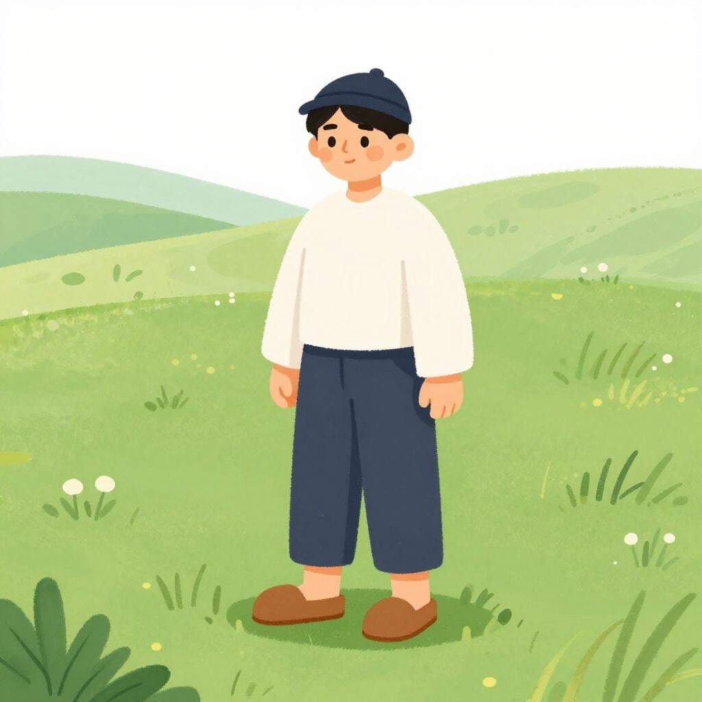 伝統的なオランダの帽子と木靴を履いた男性が、野原のそばに立っている。