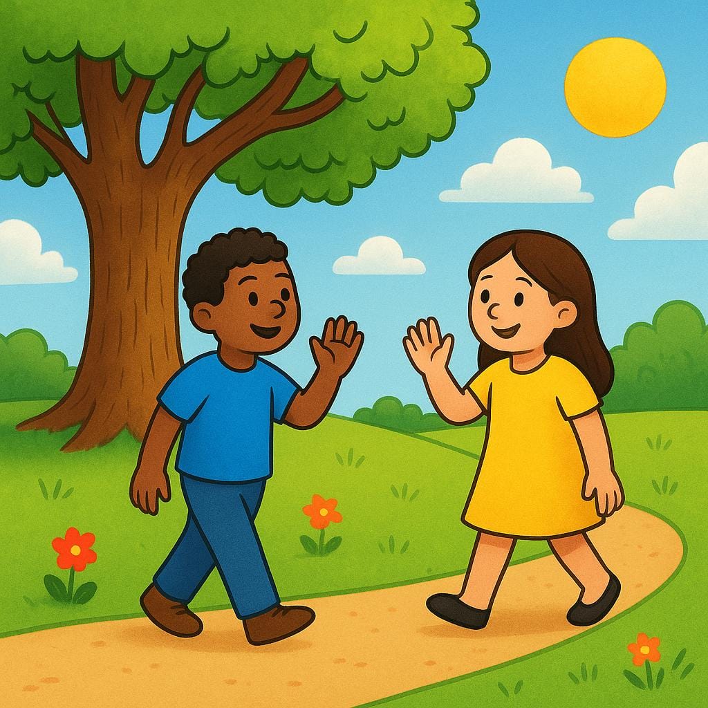 Two friends, a person in a blue shirt and a person in a yellow shirt, smiling and waving excitedly as they meet next to a large oak tree in a park.