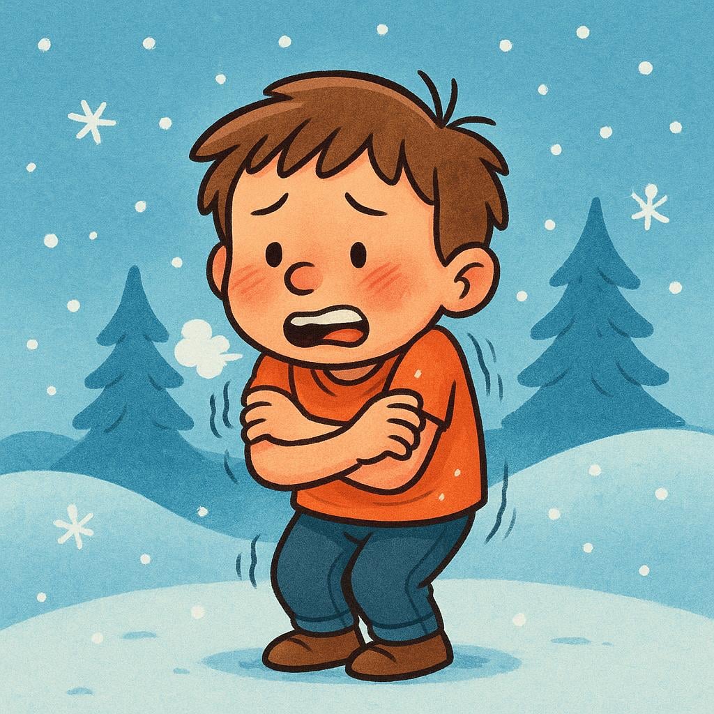 A small child stands in a blue, cold environment, shivering dramatically and hugging their arms tightly to indicate they feel cold.