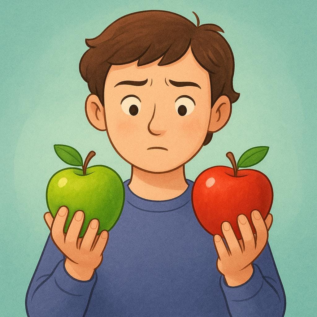 A person holding a green apple in one hand and a red apple in the other, looking at them thoughtfully.