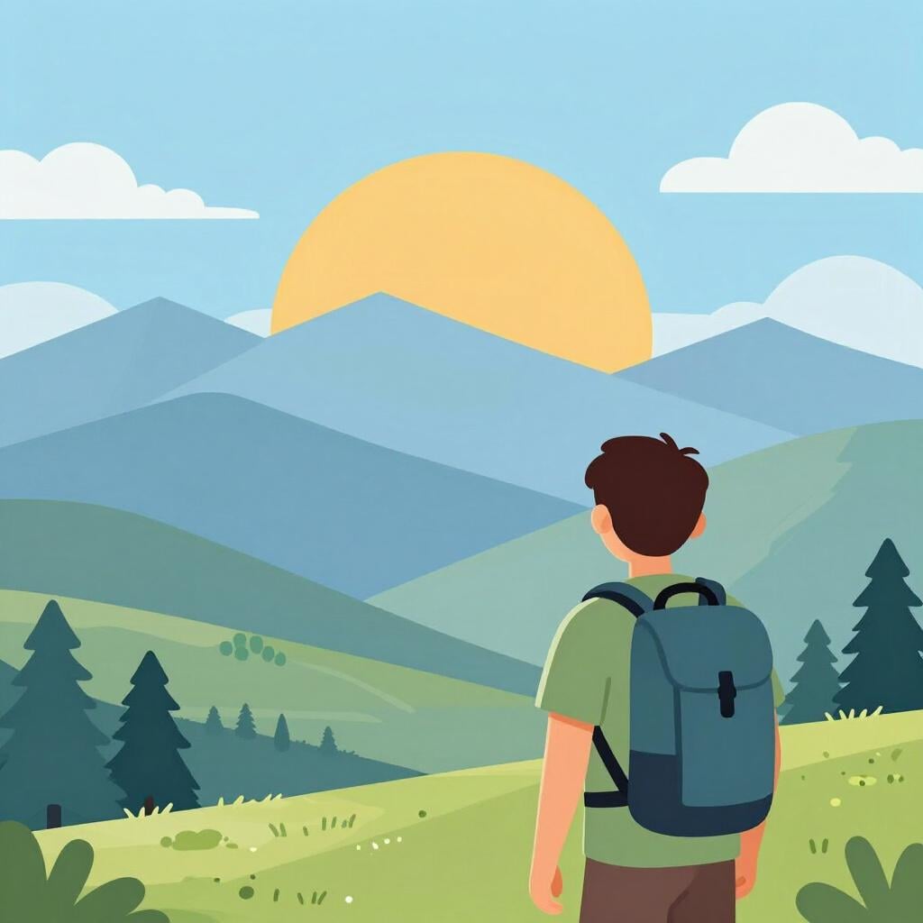 Um caminhante parado na orla de uma floresta a olhar para uma bela cadeia de montanhas à distância.