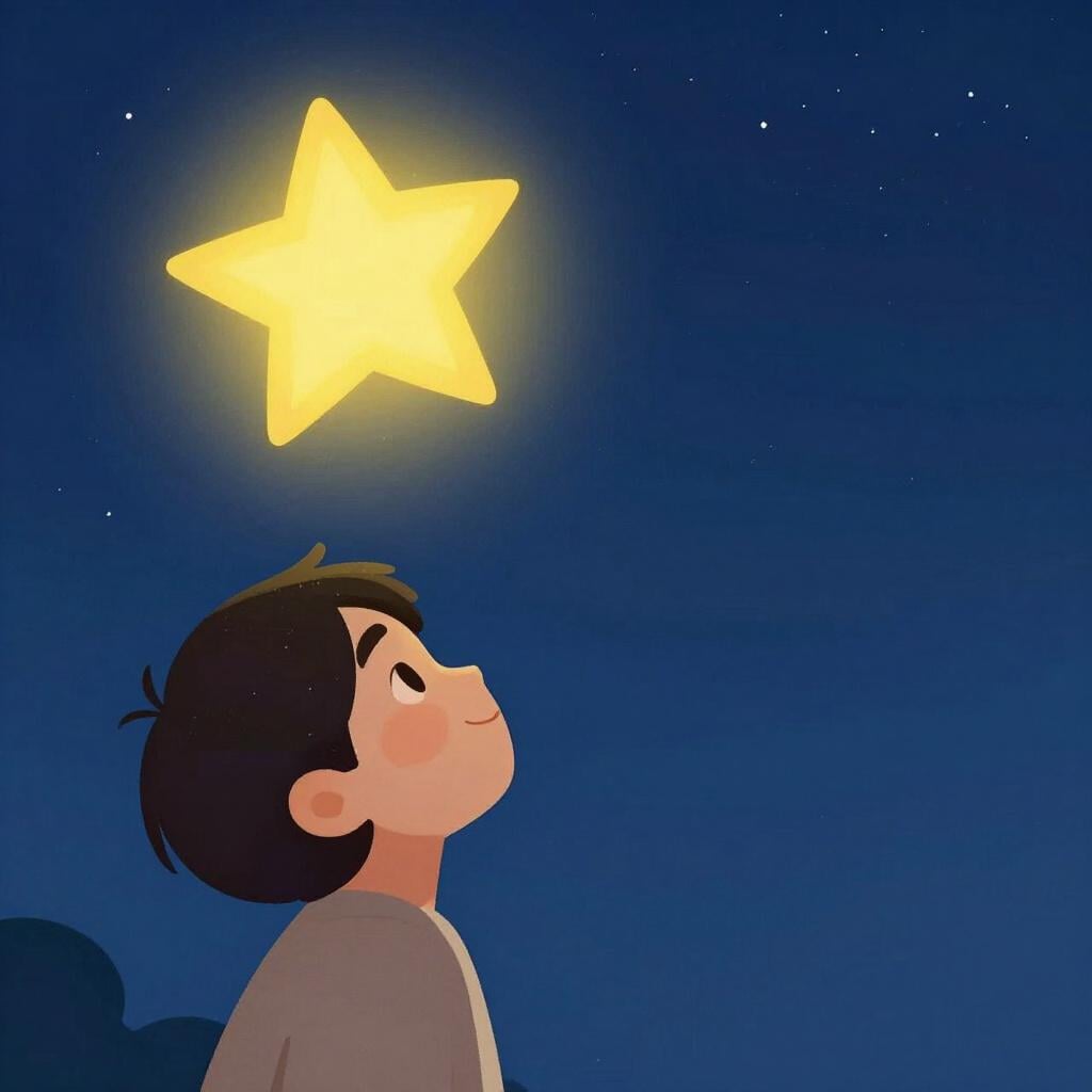 A person looking up at a bright, glowing star with a peaceful and trusting expression.