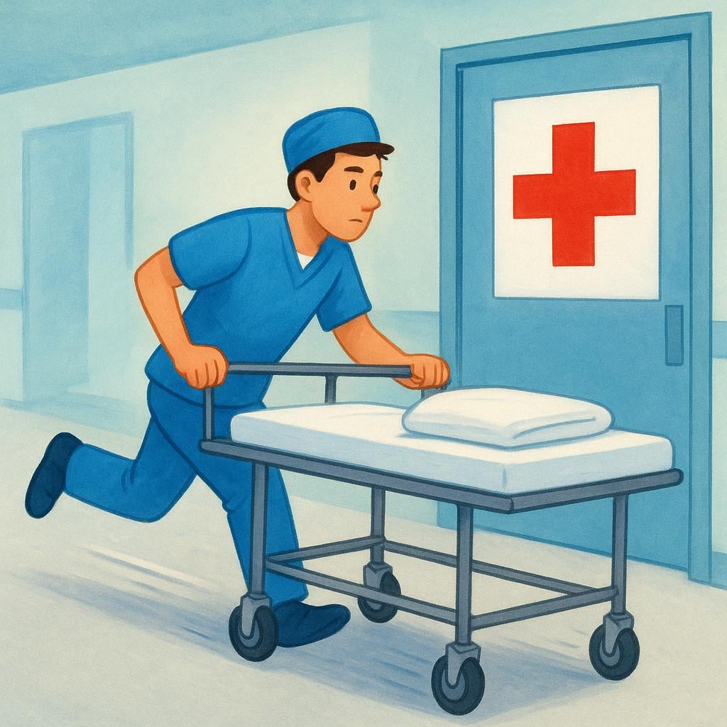 A paramedic pushing an empty wheeled gurney toward a door marked with a large red cross, indicating the Emergency Room.