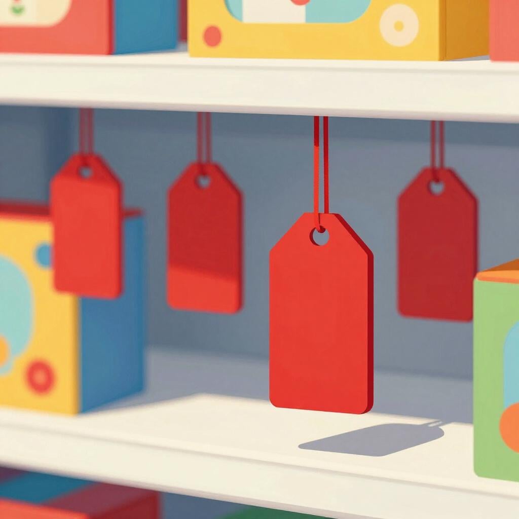 A colorful storefront window with several bright red price tags hanging over various products.