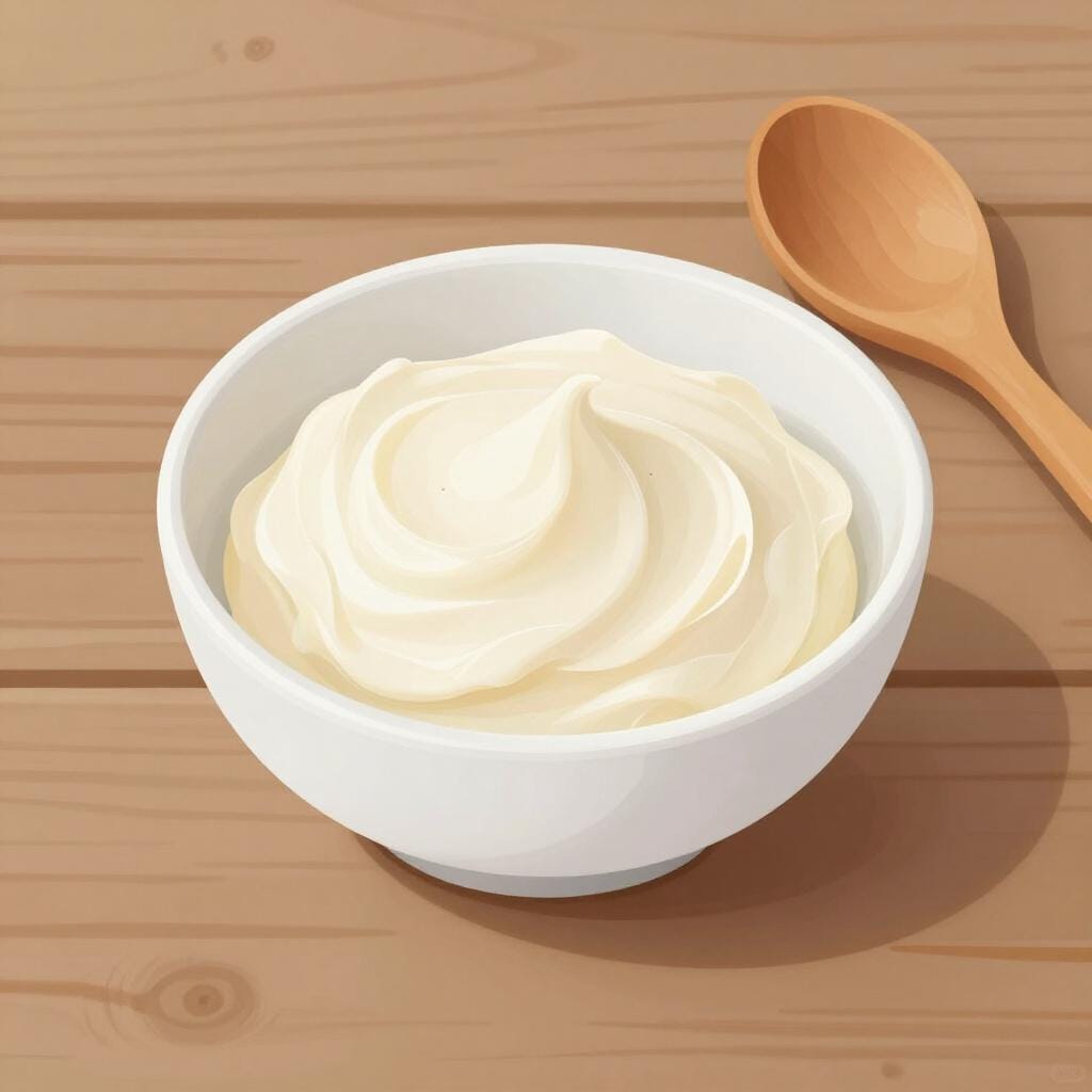 Un bol en céramique blanche rempli de saindoux blanc lisse et rendu, à côté d'une cuillère en bois.