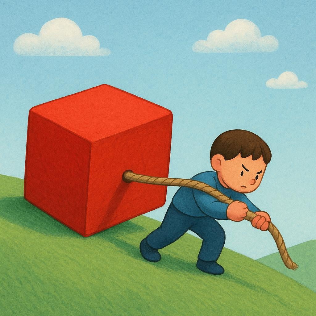 A small, determined character straining to pull a large, heavy red cube with a rope up a gentle green hill, demonstrating persistent effort.