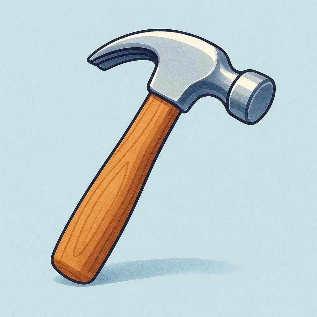 A close-up illustration of a sturdy wooden hammer with a shiny metal head, representing a common tool.