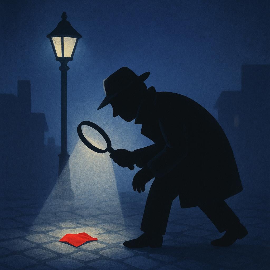 A dramatic illustration of a detective in a trench coat holding a magnifying glass, intently examining a clue on a dark street corner under the glow of a street lamp.