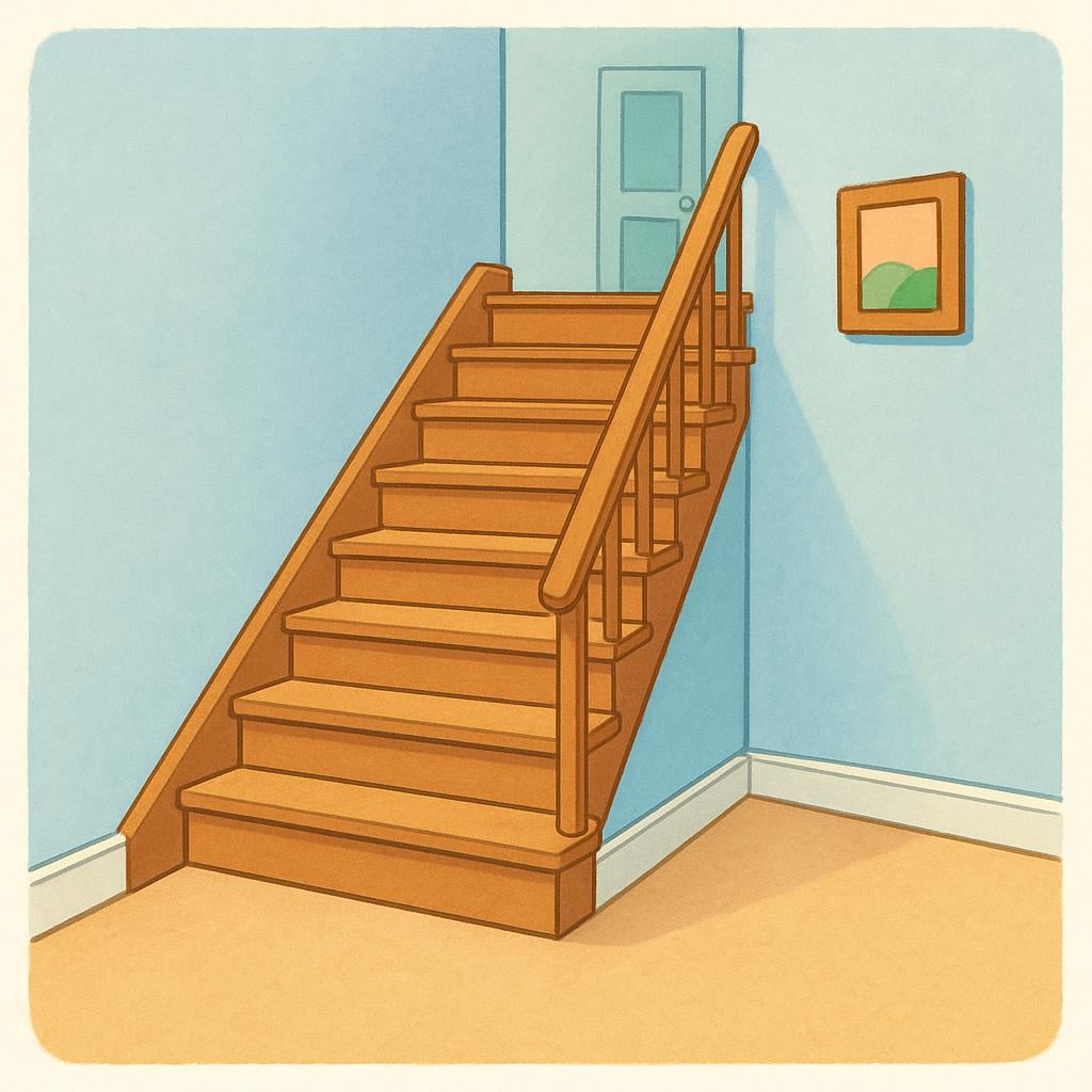 A simple wooden staircase with a white banister ascending inside a brightly lit, colorful building interior.