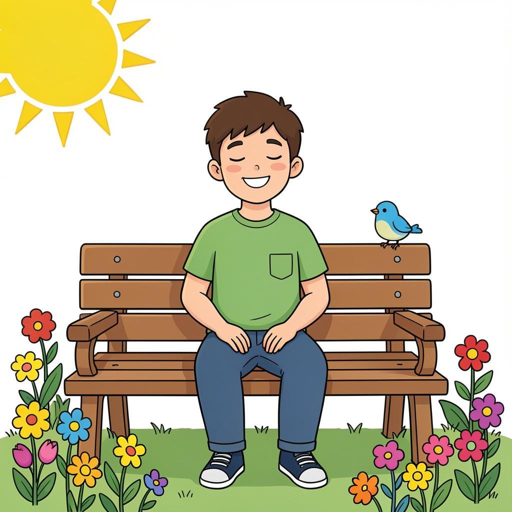 A person with a wide, joyful smile sitting on a park bench surrounded by bright flowers and sunshine.