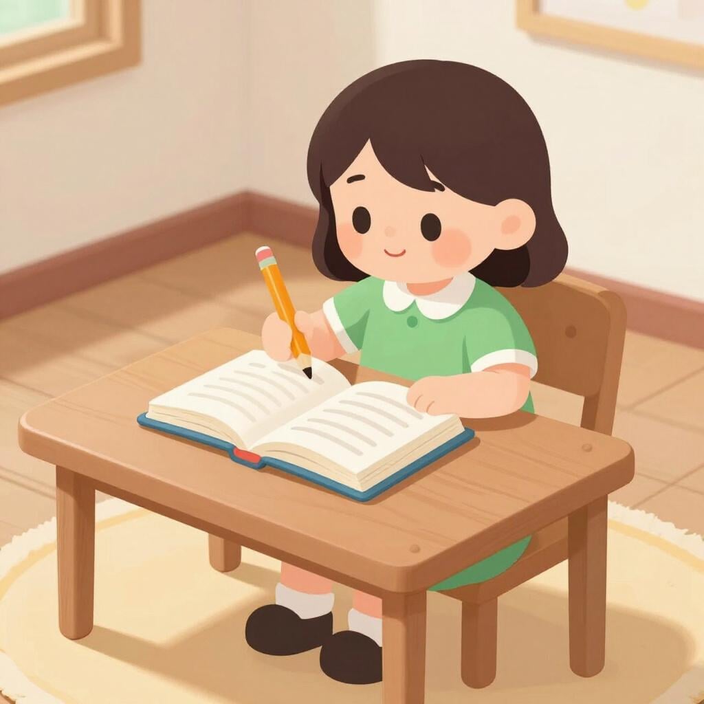 A girl sitting at a small desk with an open book and a pencil, looking focused.