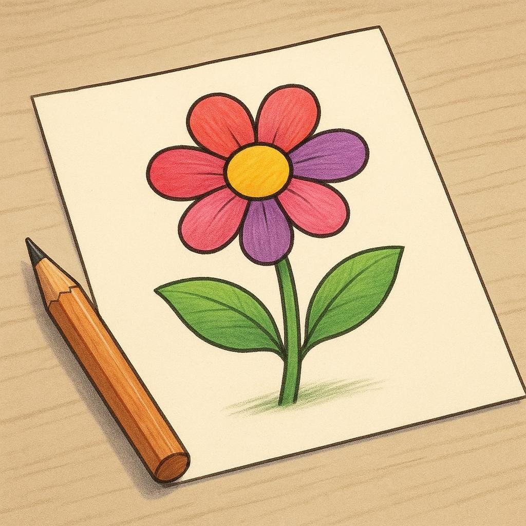 完全に色付けされ完成した花の絵の隣に、テーブルの上に置かれた鋭い木製の鉛筆。これは、描画が完了したという完了した動作(分詞)を表しています。