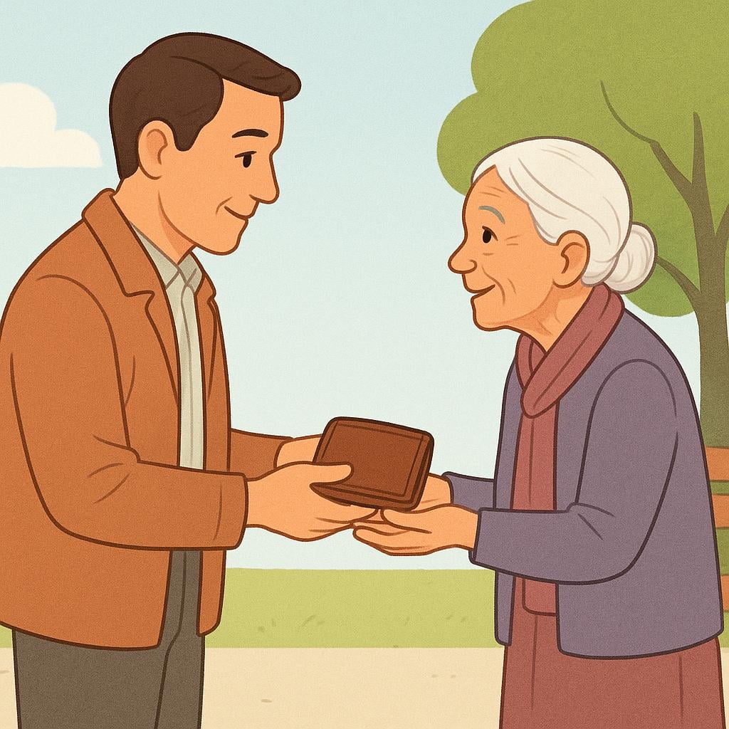 A dignified man in a simple setting handing a lost wallet back to an elderly woman, illustrating an act of honesty and integrity.