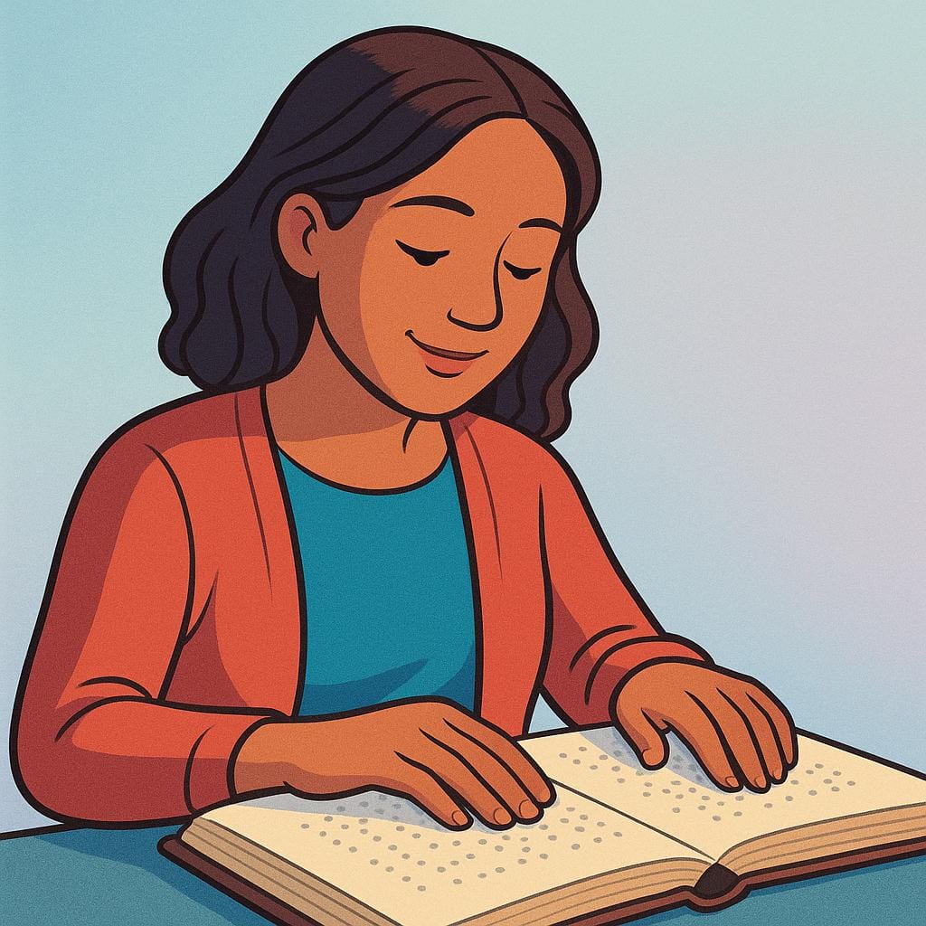 Un portrait simple d'une femme assise lisant un livre en passant ses doigts sur les points en relief du braille.