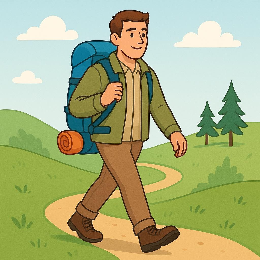 A young man smiling while carrying a large, heavy backpack and a rolled sleeping bag on a hiking trail.