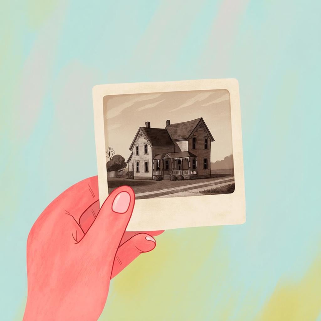 A gentle hand holding a single, slightly faded, sepia-toned photograph of an old, nostalgic scene, representing the concept of the past.