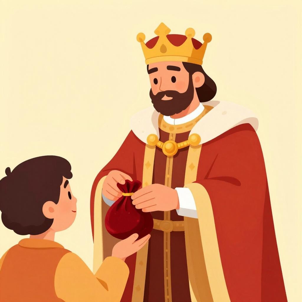Un roi avec une couronne dorée remettant un lourd sac de pièces d'or à un humble villageois.