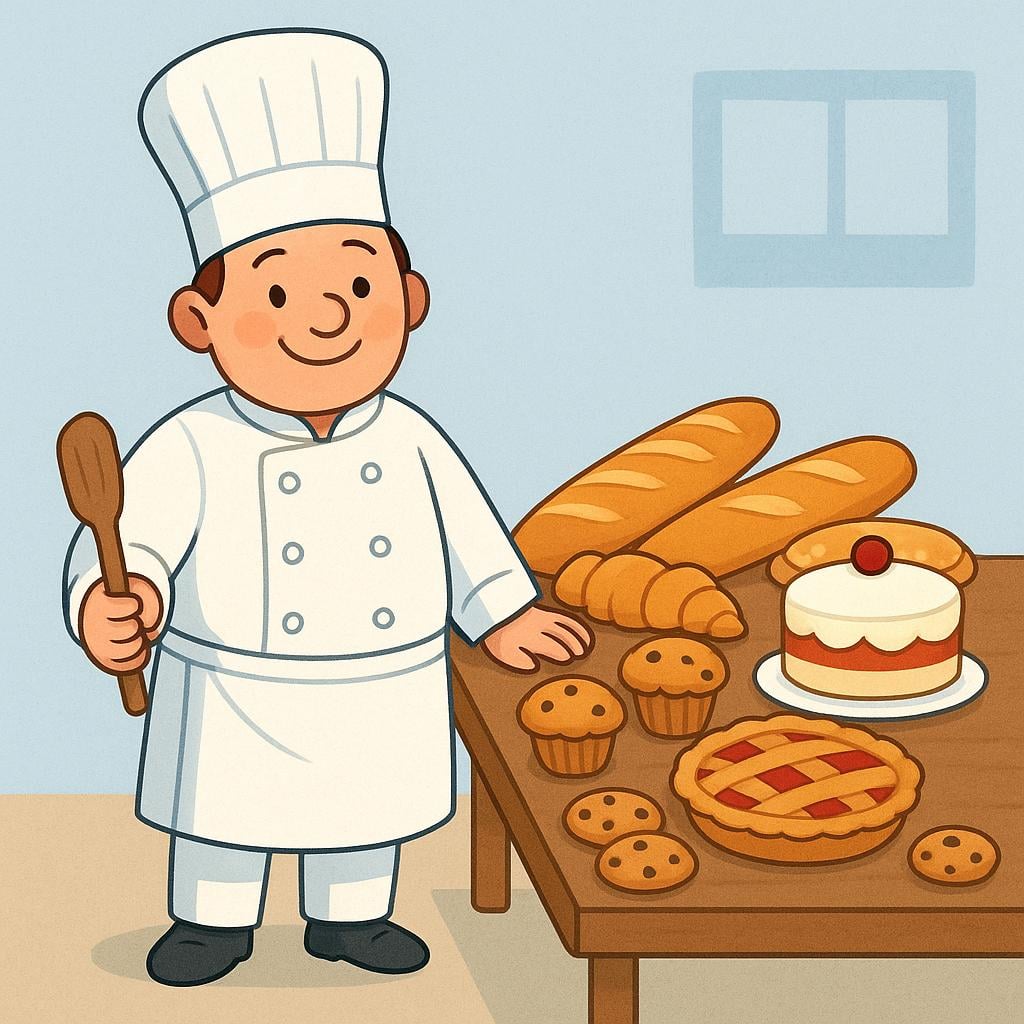 A friendly chef wearing a tall white hat stands proudly next to a table laden with various fresh baked goods, clearly portraying their profession.