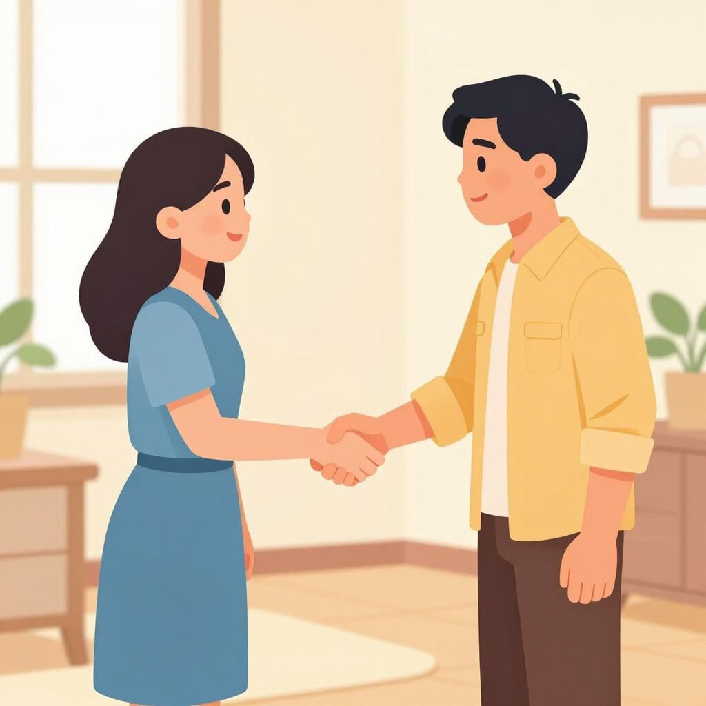 Eine einfache Illustration, die zwei Personen zeigt, die sich freundlich die Hand geben, während eine dritte Person daneben steht und die Vorstellung erleichtert.