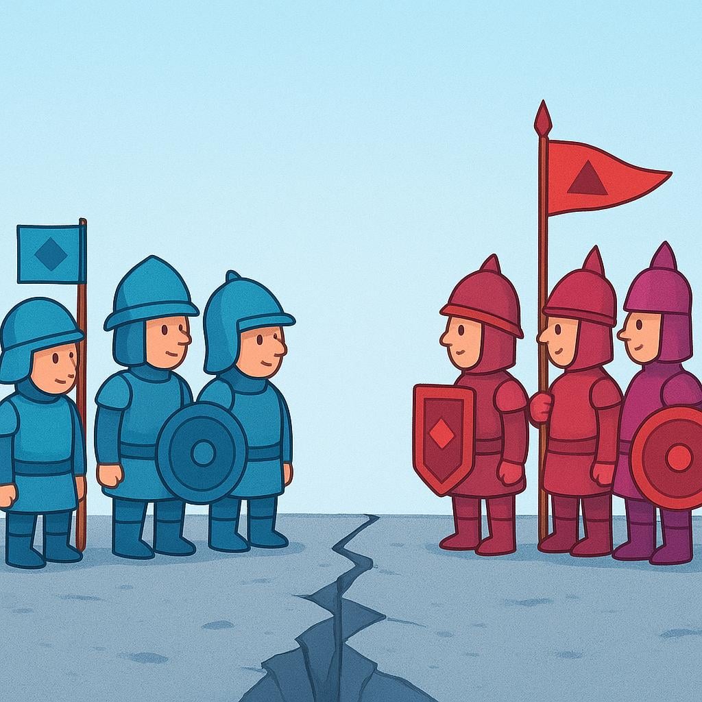 An illustration showing two distinct groups of simple, stylized soldiers facing each other across a cracked, barren ground, symbolizing wars and military conflicts.