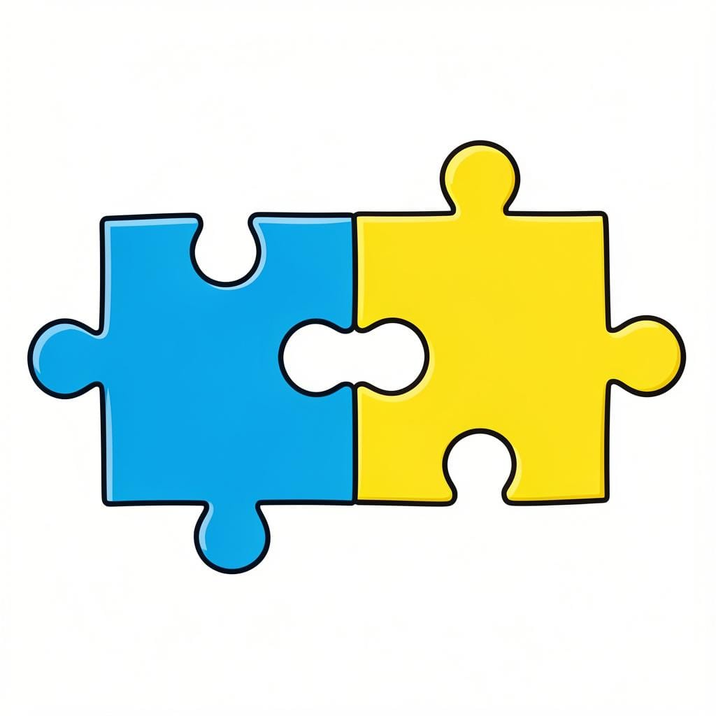 Duas peças de quebra-cabeça coloridas perfeitamente unidas.