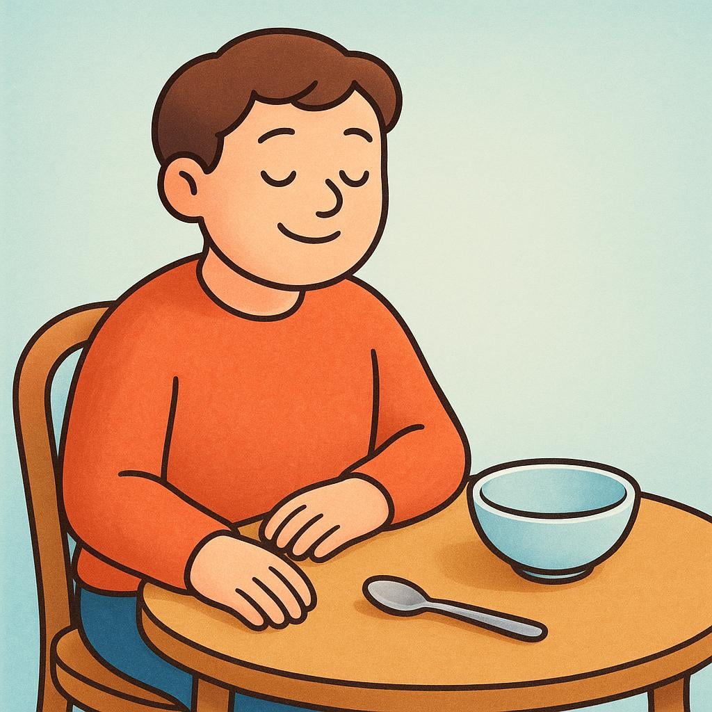 A person sitting at a wooden table, looking satisfied, with an empty bowl and spoon in front of them, symbolizing a completed action.