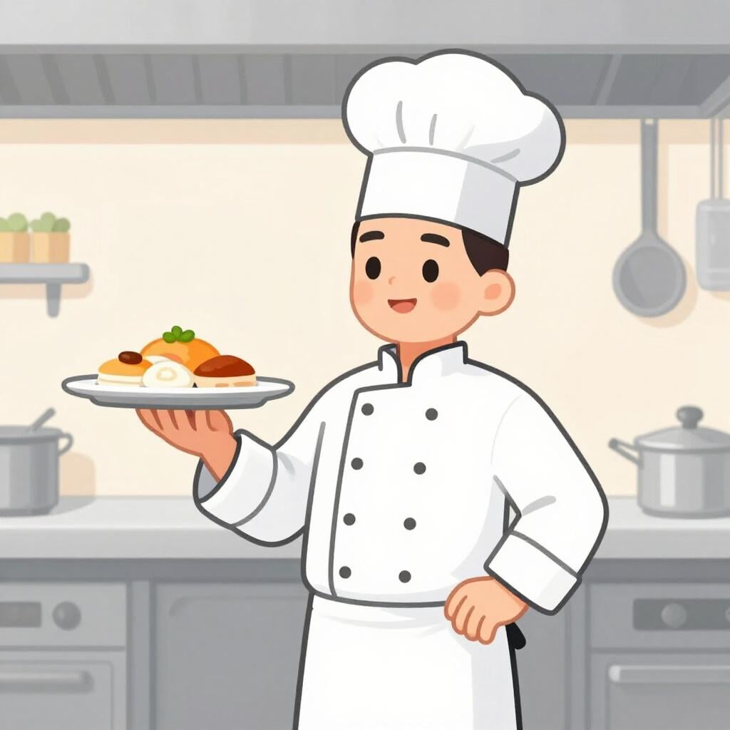 A professional chef in a white uniform holding a silver tray with a gourmet dish in a clean kitchen.