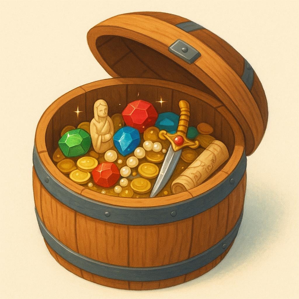 A close-up view of valuable, unauthorized goods, specifically shiny jewels and exotic items, revealed inside a secret compartment of a simple wooden shipping barrel, representing contraband.
